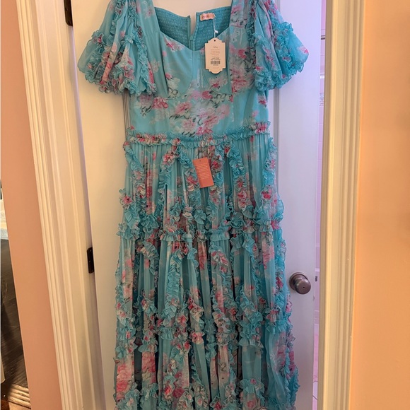 Ivy City Co Dresses & Skirts - Ivy City Co Aqua Floral Ruffle Maxi Dress